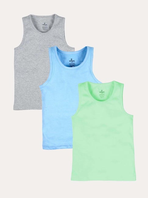 Kiddopanti Boys Blue, Grey Melange & Pista Green Cotton Vest Pack of 3