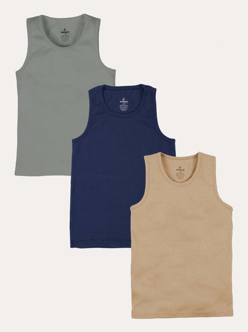 Kiddopanti Boys Light Brown , Dark Grey & Navy Blue Cotton Vest Pack of 3