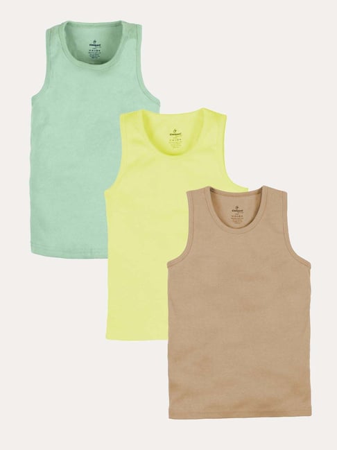 Kiddopanti Boys Light Brown , Light Green & Yellow Cotton Vest Pack of 3