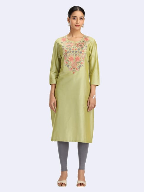 Cotton Culture Lime Green Regular Fit Floral Kurta-picture-33