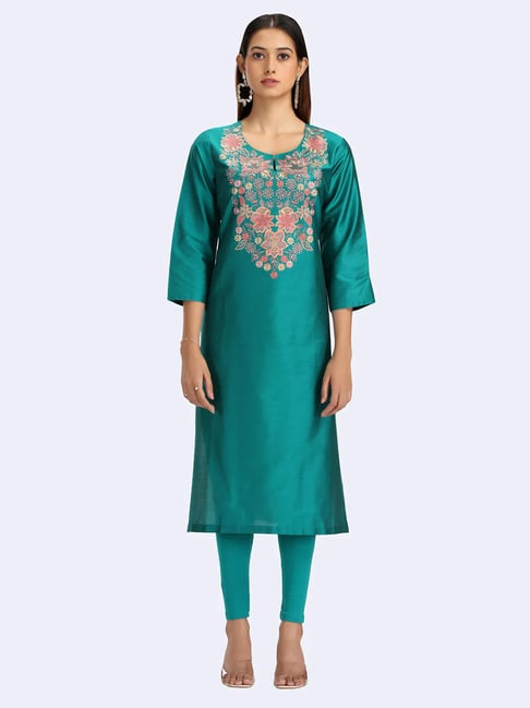Cotton Culture Teal Regular Fit Floral Kurta-picture-11