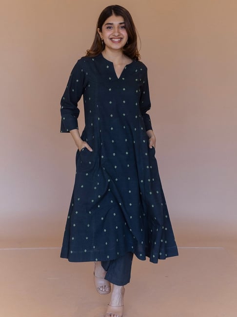 The Indian Ethnic Co Dark Green Cotton A-Line Fit Printed Kurta