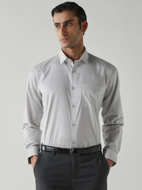 Reid & Taylor Grey Cotton Regular Fit Striped Shirt