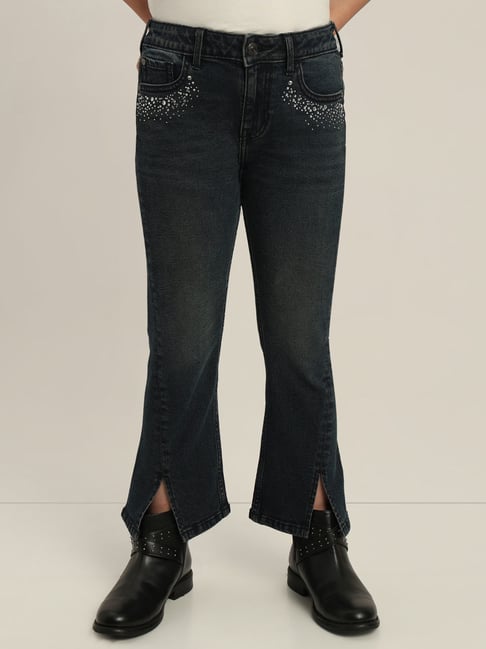 VERO MODA GIRL Medium Blue Denim Cotton Textured Jeans