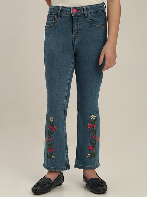 VERO MODA GIRL Medium Blue Denim Cotton Embroidery Jeans-picture-27