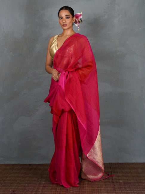 Chidiyaa Red Cotton Linen Saree-picture-17