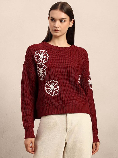 Vero Moda Maroon Regular Fit Embroidered Sweater