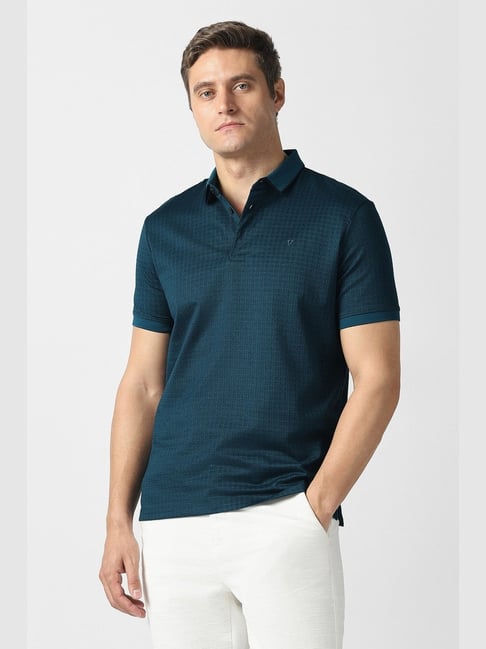 Van Heusen Blue Cotton Slim Fit Printed T-Shirt
