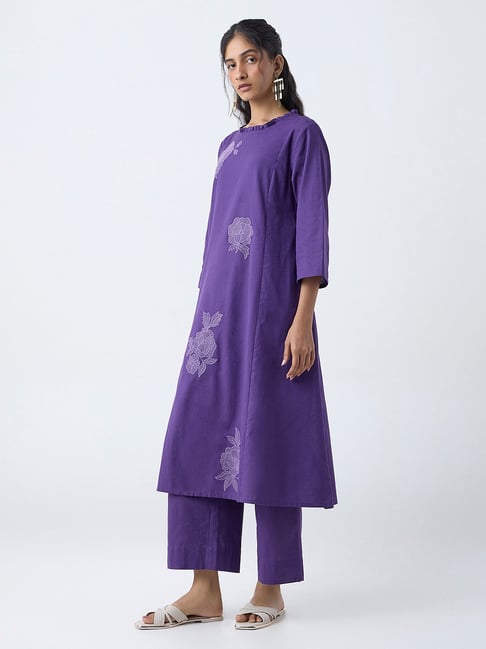 Utsa by Westside Purple Floral Embroidered Cotton-Blend A-Line Kurta-picture-31