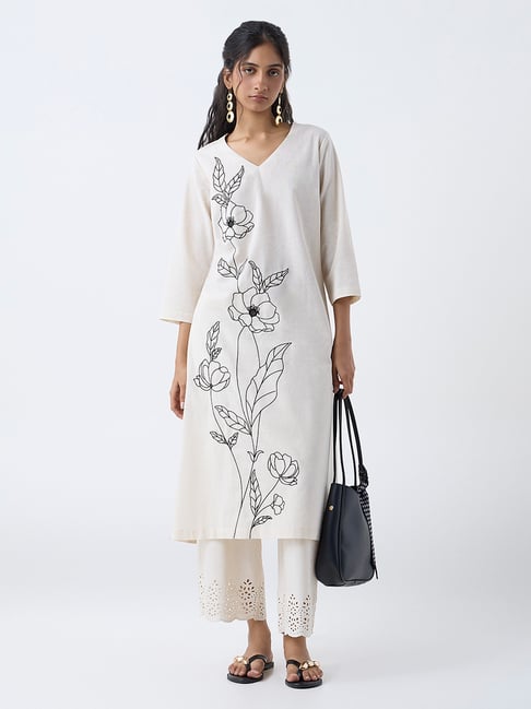 Utsa by Westside Light Beige Embroidered Cotton-Blend A-Line Kurta-picture-30