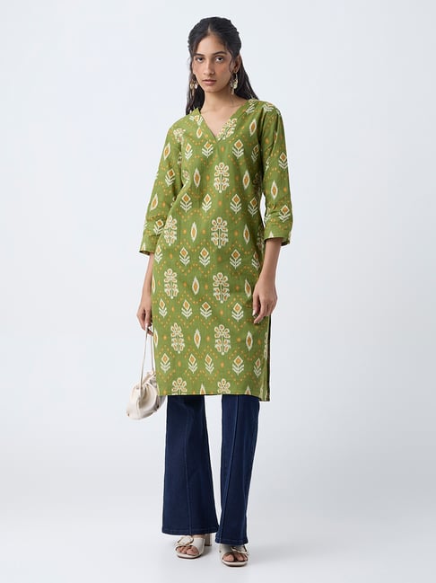 Utsa by Westside Green Ikat Pattern Straight Cotton Kurta-picture-48
