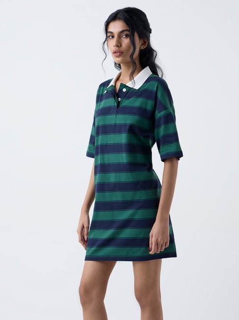 Superstar by Westside Green Striped Drop Shoulder Cotton T-Shirt Dress-picture-39