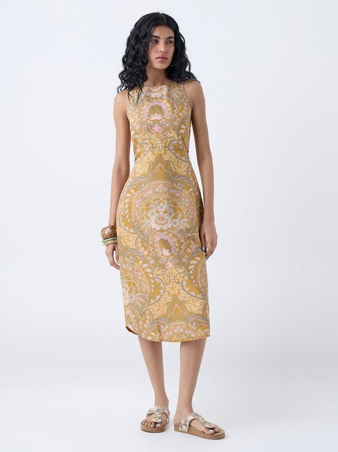Bombay Paisley by Westside Mustard Foliage Cotton-Blend A-Line Dress-picture-41
