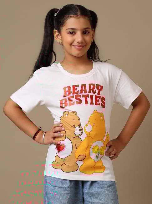 Kidsville Girls Off White Cotton Printed Regular Fit T-Shirt
