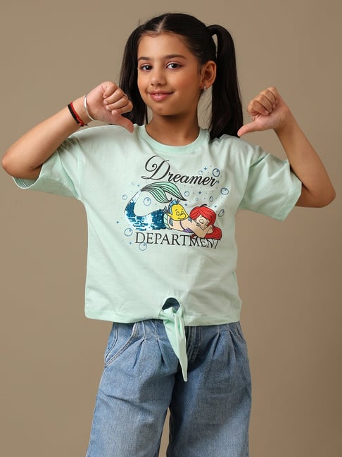 Kidsville Girls Green Cotton Printed T-Shirt