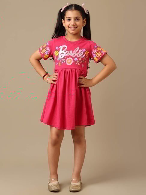Kidsville Girls Pink Cotton Barbie Regular Fit Dress