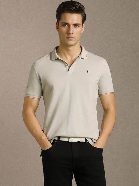 Louis Philippe Grey Cotton Slim Fit Polo T-Shirt