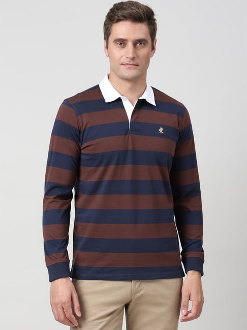 Peter England Navy Cotton Regular Fit Striped Polo T-Shirt