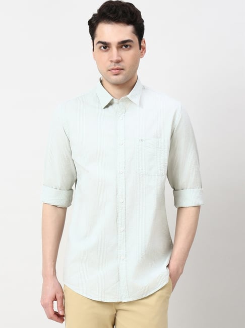 Peter England Green Cotton Slim Fit Striped Shirt-picture-10