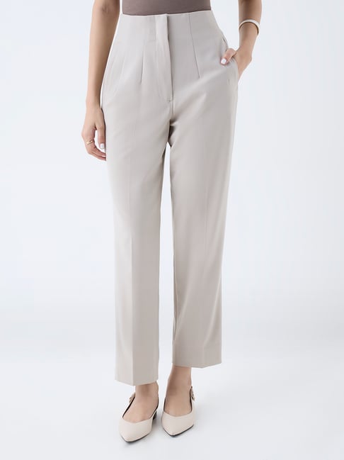 Wardrobe by Westside Beige Solid High-Rise Trousers-picture-29