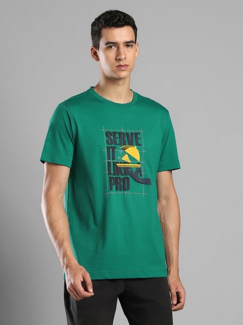 Reebok Green Cotton Printed Regular Fit T-Shirt