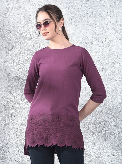 Crimsoune Club Purple Embroidered Three-Quarter Sleeves Top