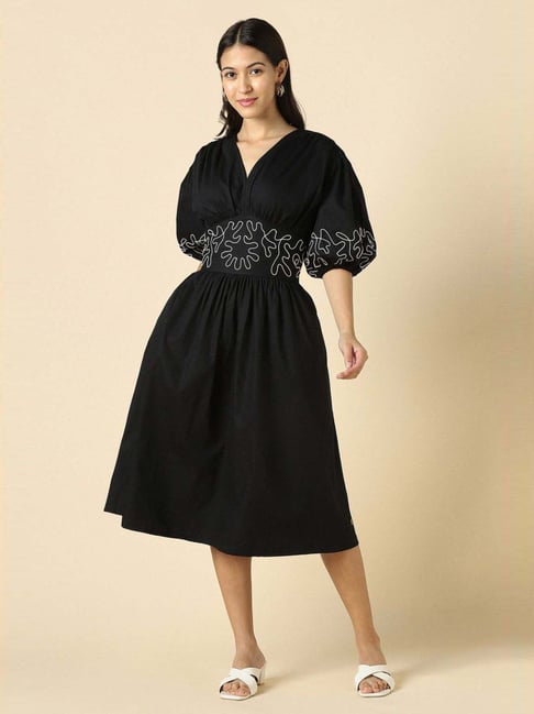 Allen Solly Black Cotton Regular Fit Embroidered Dress-picture-37