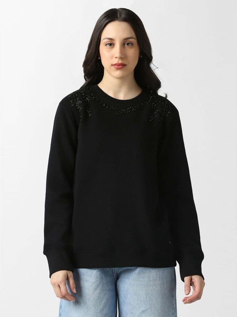 Van Heusen Black Cotton Regular Fit Embellished Sweatshirt
