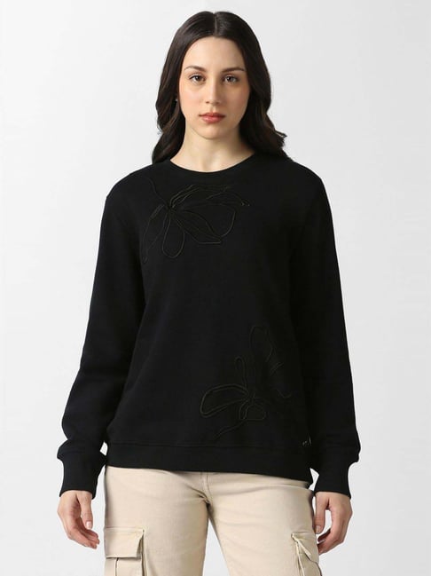 Van Heusen Black Cotton Regular Fit Embroidered Sweatshirt
