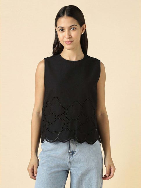 Allen Solly Black Cotton Regular Fit Embroidered Top