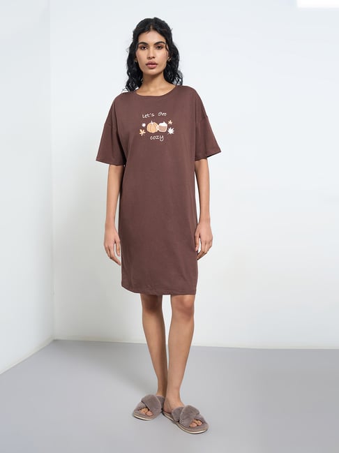 Dreamz By Pantaloons Brown Comfort Fit Graphic Night Dress-picture-39