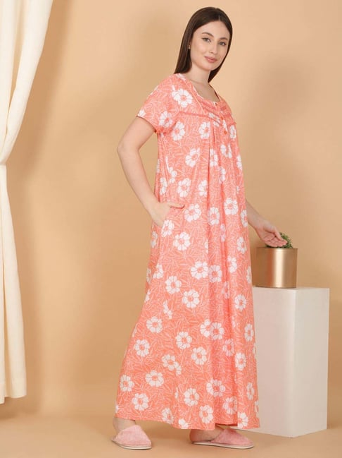 Sweet Dreams Peach Cotton Regular Fit Floral Print Nighty-picture-28