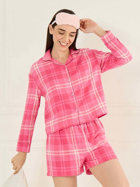 Sweet Dreams Pink Cotton Relaxed Fit Checks Night Suit-picture-34