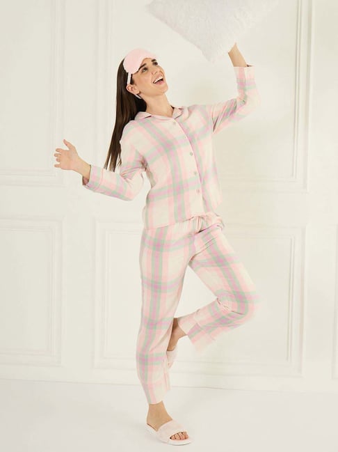 Sweet Dreams Peach Cotton Relaxed Fit Checks Night Suit-picture-10