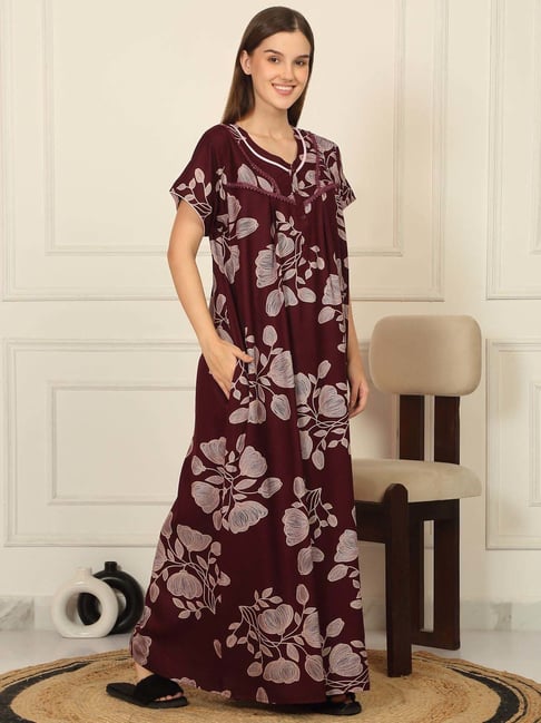 Sweet Dreams Wine Cotton Regular Fit Floral Print Nighty
