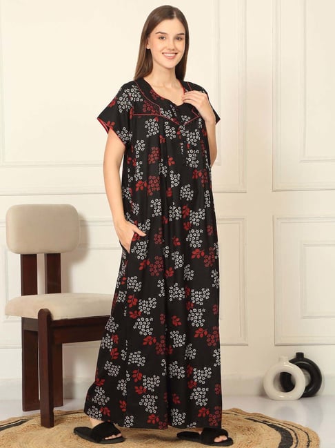 Sweet Dreams Black Cotton Regular Fit Floral Print Nighty