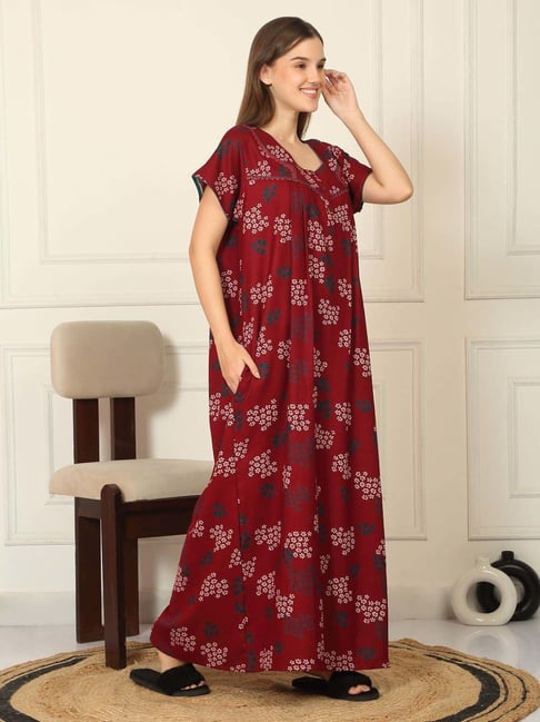 Sweet Dreams Maroon Cotton Regular Fit Floral Print Nighty