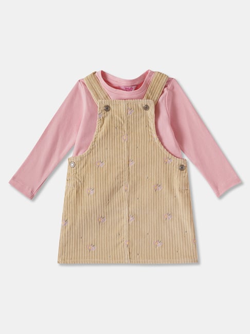 R&B Kids Beige Embroidery Regular Fit Dungaree