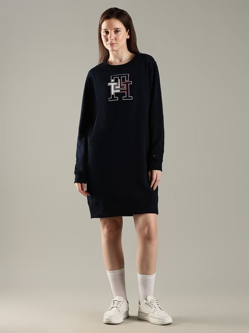 Tommy Hilfiger Blue Cotton Relaxed Fit Logo Printed Dress