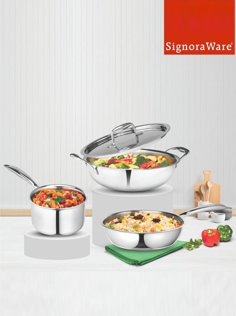 SignoraWare Silver Steel Cookware Set (2000 ml, 2400 ml, 3000 ml)