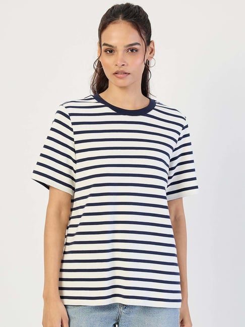 Femmella Navy Cotton Relaxed Fit Striped T-Shirt