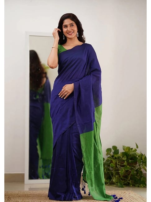 Anjaneya Sarees Blue Woven Designer Cotton Silk Kanjivaram Saree with Unstitched Blouse-picture-14