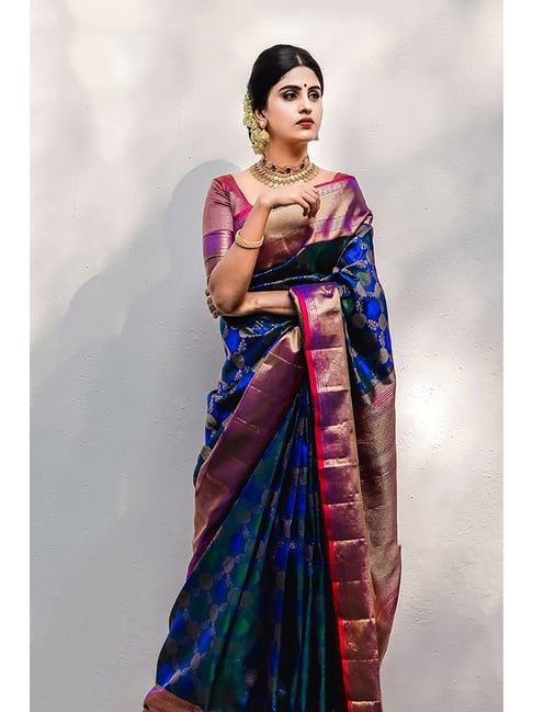 Anjaneya Sarees Blue Woven Designer Banarasi Silk Kanjivaram Saree with Unstitched Blouse-picture-32