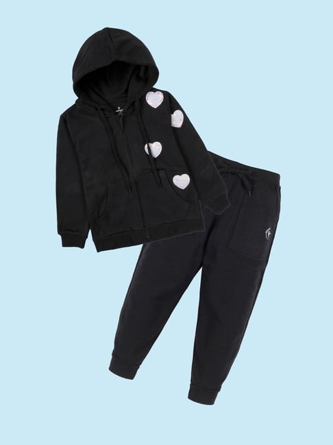 Kiddopanti Girls Black Sweatshirt with Trackpants
