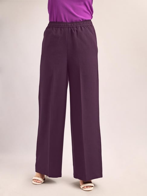 PURVAJA Maroon Linen Solid High Rise Trousers-picture-35