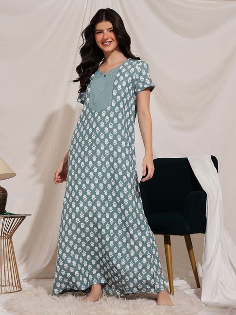 Clovia Green Comfort Fit Floral Print Nighty