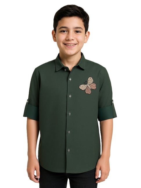Charchit Boys Green Cotton Embroidered Shirt-picture-31