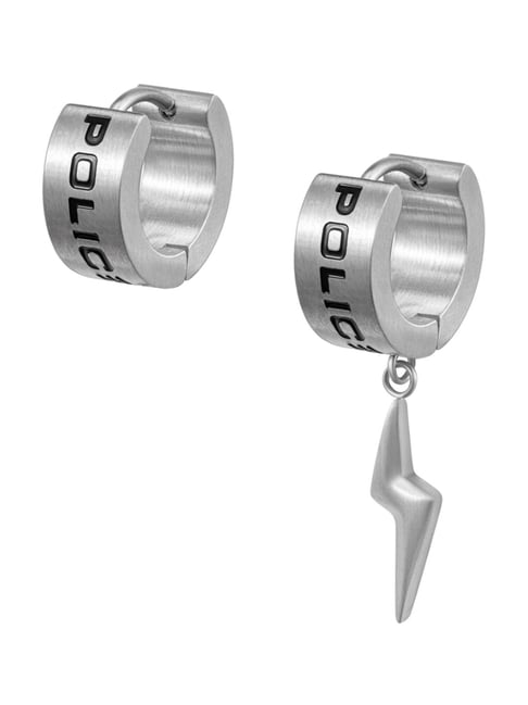 Police Silver Strike Mismatch Bolt Huggies Earrings