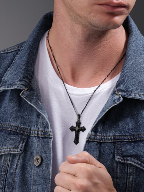 Police Black Stoneset Cross with P Logo Chain Necklace