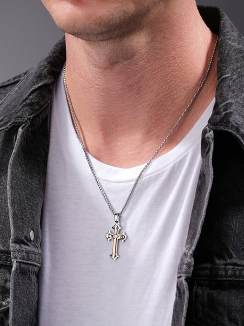 Police Silver Spirit Cross & Wing Logo Chain Necklace